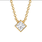 Yellow Gold Princess Cut Diamond Solitaire Pendant With Bezel Setting.